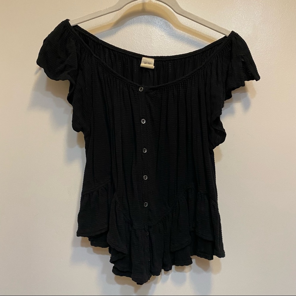 Free People Black Blouse with Ruffles and Buttons
